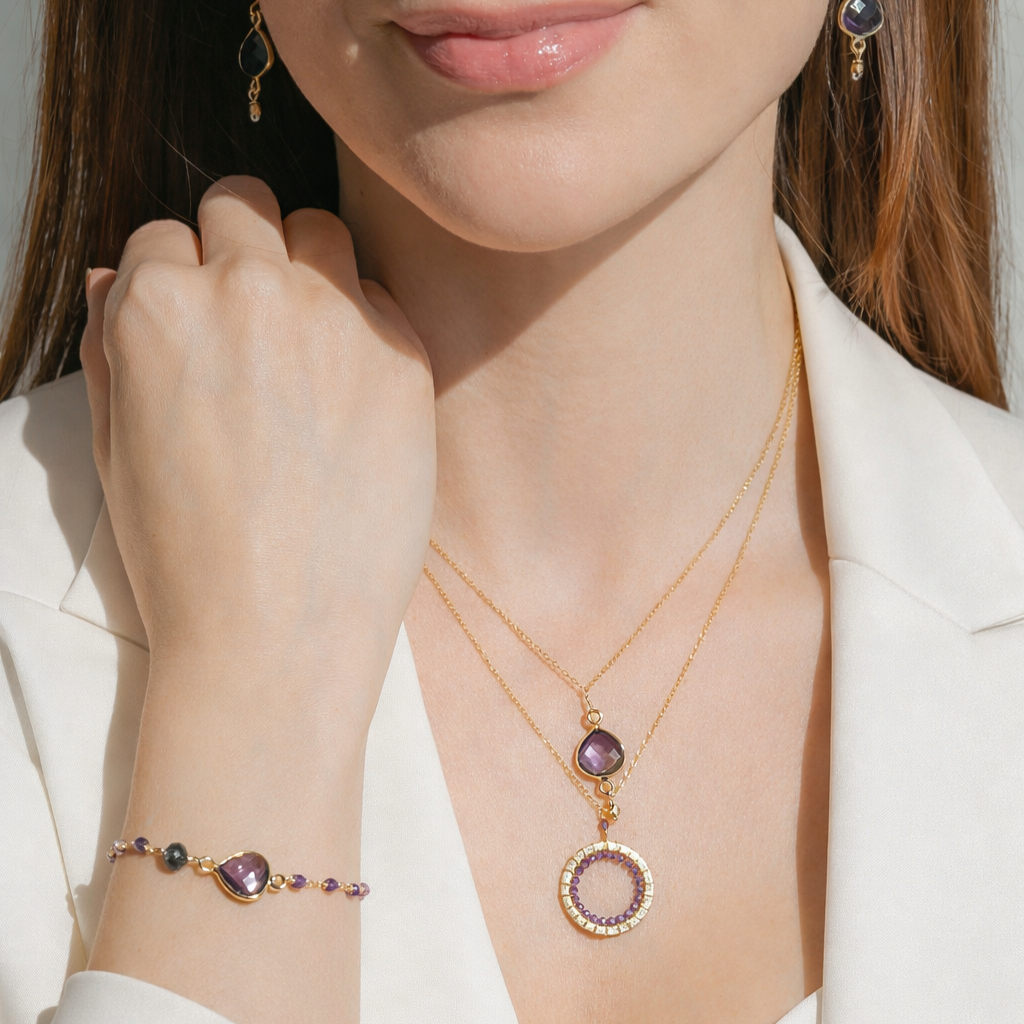 London Blue Quartz, Rainbow Gemstone and Amethyst Halo Mini Gold Pendants