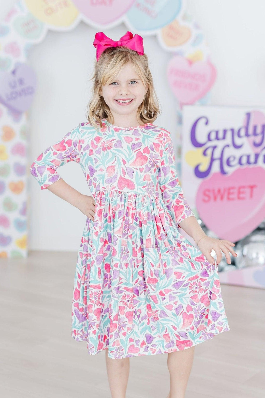 SALE Watercolor Hearts 3/4 Sleeve Pocket Twirl Dress