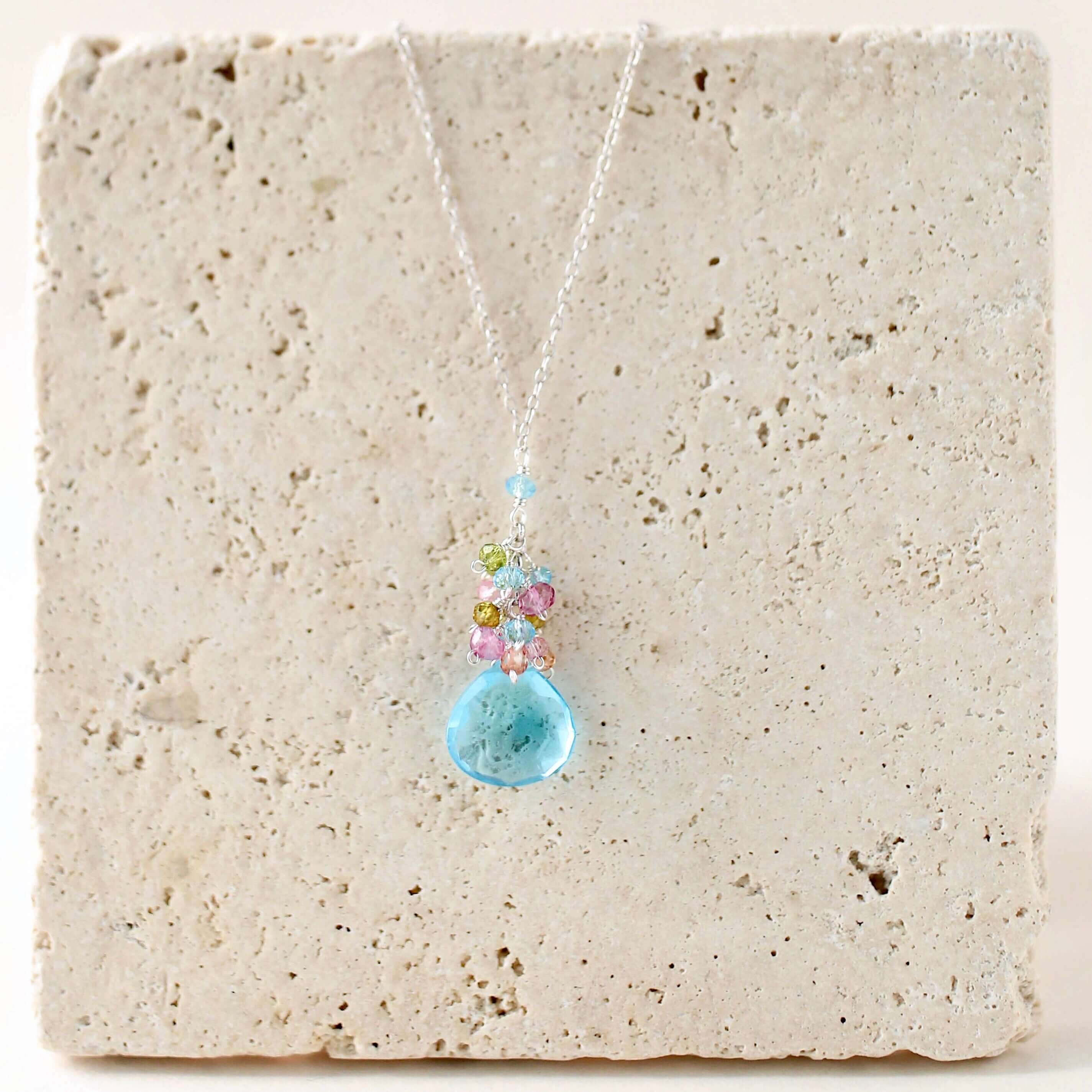 Aquamarine Quartz Gold Raindrop Necklace