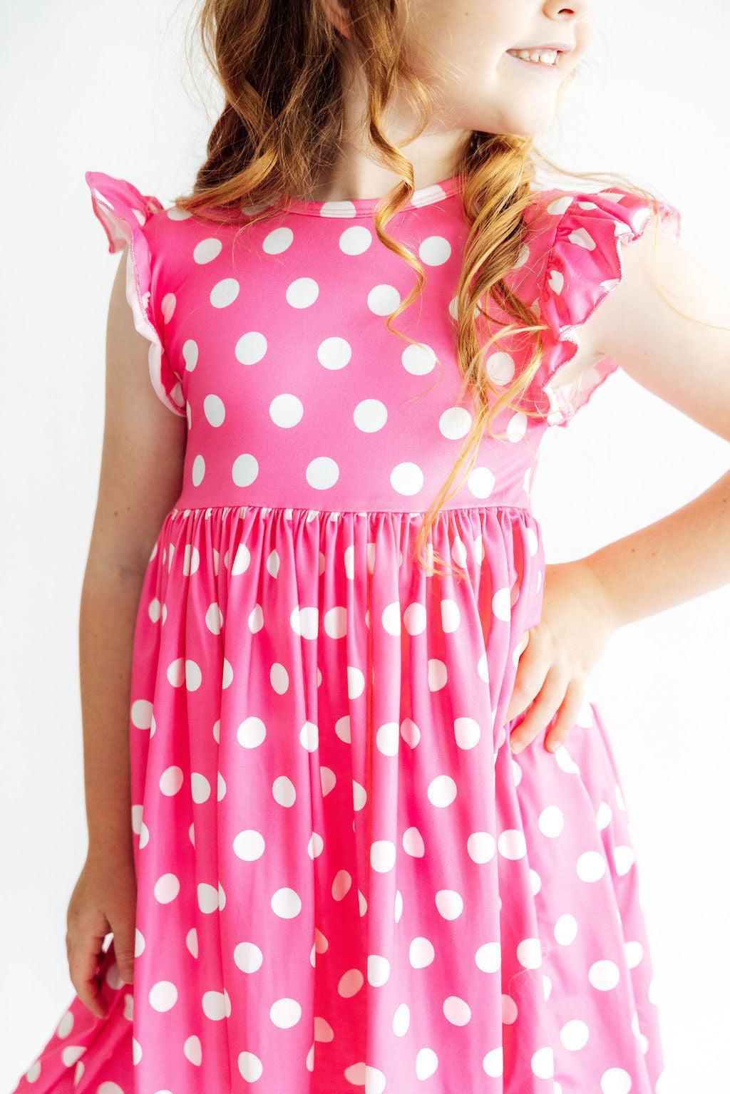Pink Polka Dots Flutter Sleeve Twirl Dress